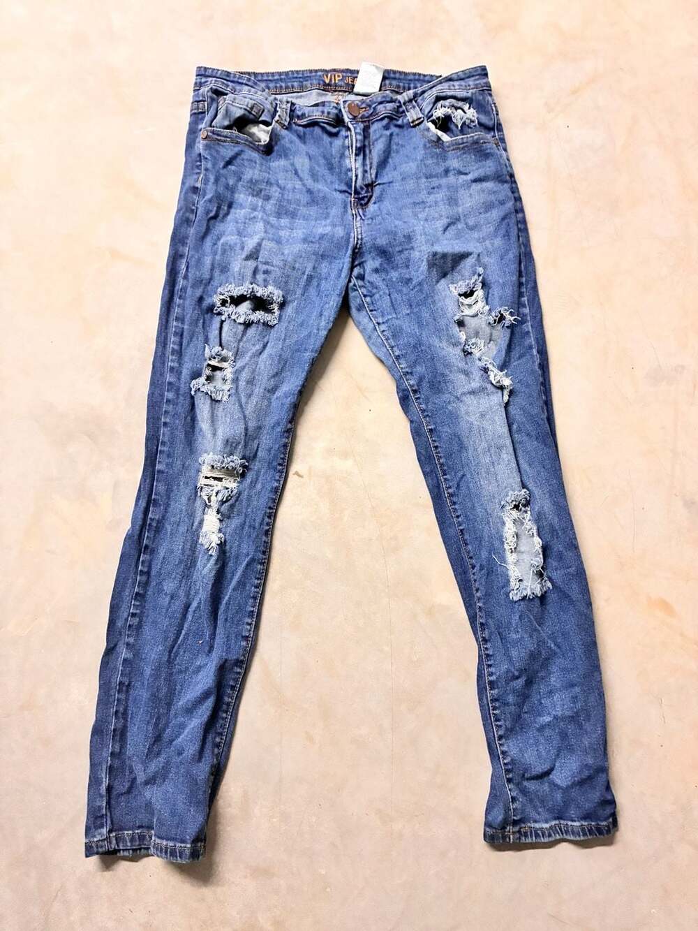 VIP Jeans Distressed Destroyed Skinny Jeans Size 14W Blue Wash